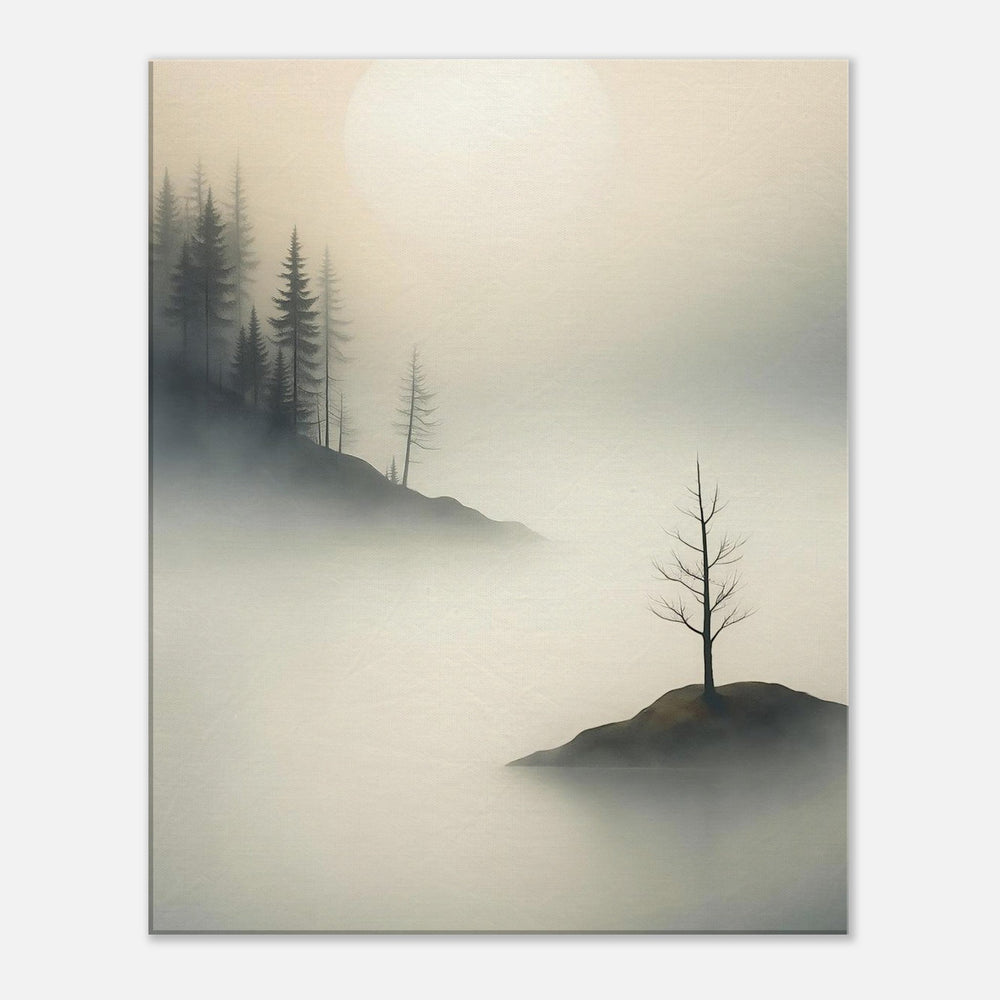 Minimalist misty landscape wall art print with lone tree and foggy forest hills, neutral toned nature artwork, calming modern wall decor, serene abstract landscape print