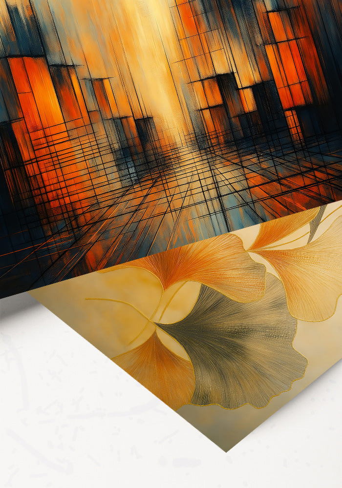 bstract cityscape wall art with warm orange tones and modern geometric lines