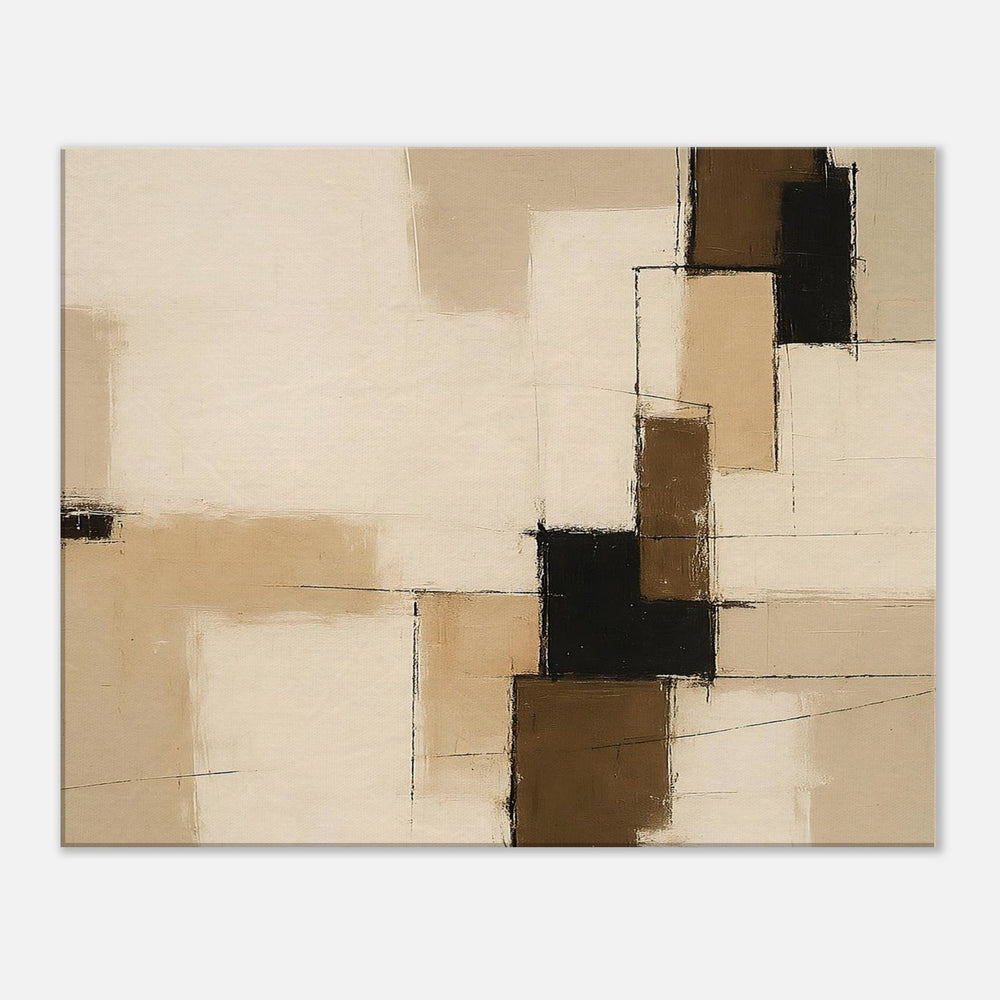 Minimalist abstract canvas wall art in neutral beige and warm brown tones, featuring geometric blocks and soft textured brush strokes, modern Scandinavian and Japandi interior decor.