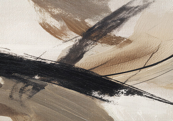 Abstract canvas wall art featuring expressive black brushstrokes with layered beige, taupe, and ivory textures in a modern minimalist style.