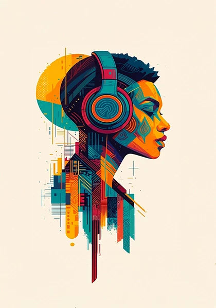 Modern abstract portrait art print featuring a woman with headphones in bold colors and geometric shapes — contemporary wall art blending creativity, emotion, and modern design by inprint designs.