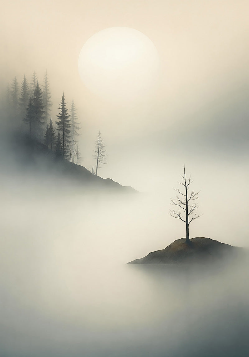 Misty forest landscape wall art featuring a solitary tree, pine forest, soft fog, and warm sunrise light in a minimalist Scandinavian style.