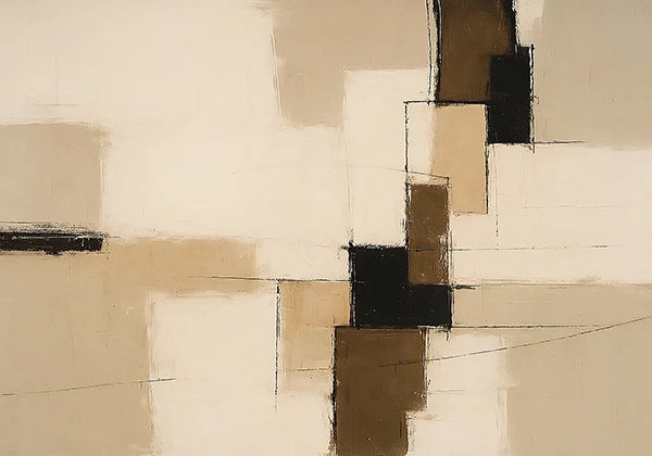 Neutral geometric abstract canvas wall art in beige, cream, and black tones with layered rectangular shapes, minimalist modern wall decor