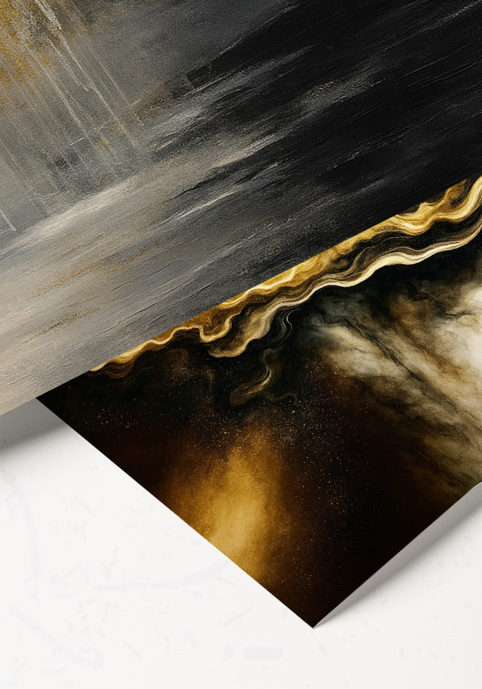 modern gold abstract wall art print with flowing golden lines on black and beige backgromodern abstract matte poster print in black, grey and gold tones