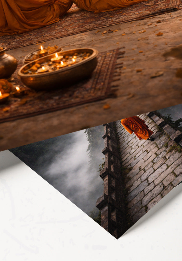 Detail view of spiritual Indian meditation poster with candles and monks, premium wall art print mockup