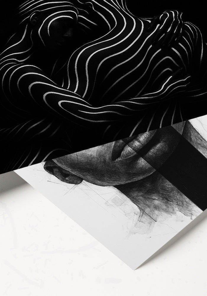 Minimalist black and white poster print collection featuring modern monochrome wall art with elegant contrast, abstract textures, and clean design — perfect for modern interiors by inprint designs.