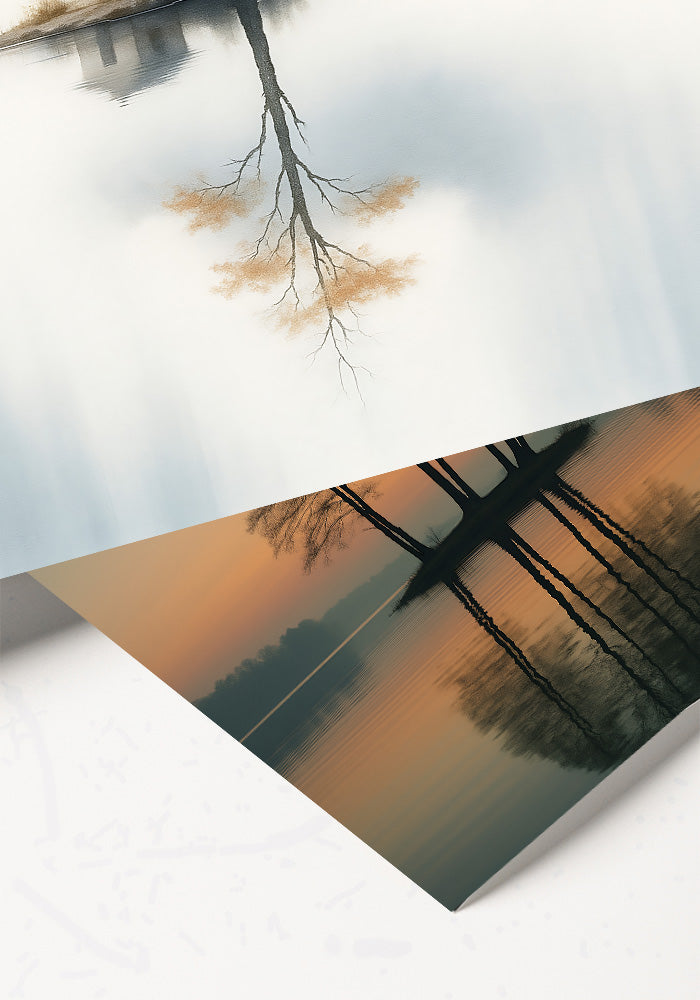 Minimalist nature poster with mirrored tree reflection over calm water, soft neutral tones and warm sunset hues, modern serene wall art print for contemporary interior