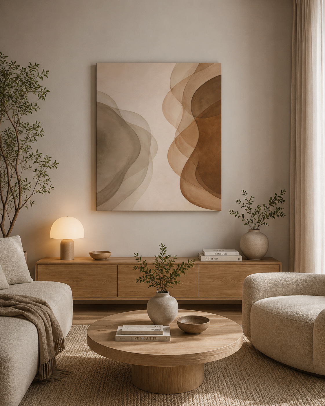 Misty Veil minimalist abstract canvas print above a modern neutral bedroom bed