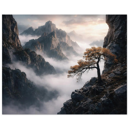 Above The Mist poster in soft grey, warm earthy and golden tones with pale morning sky