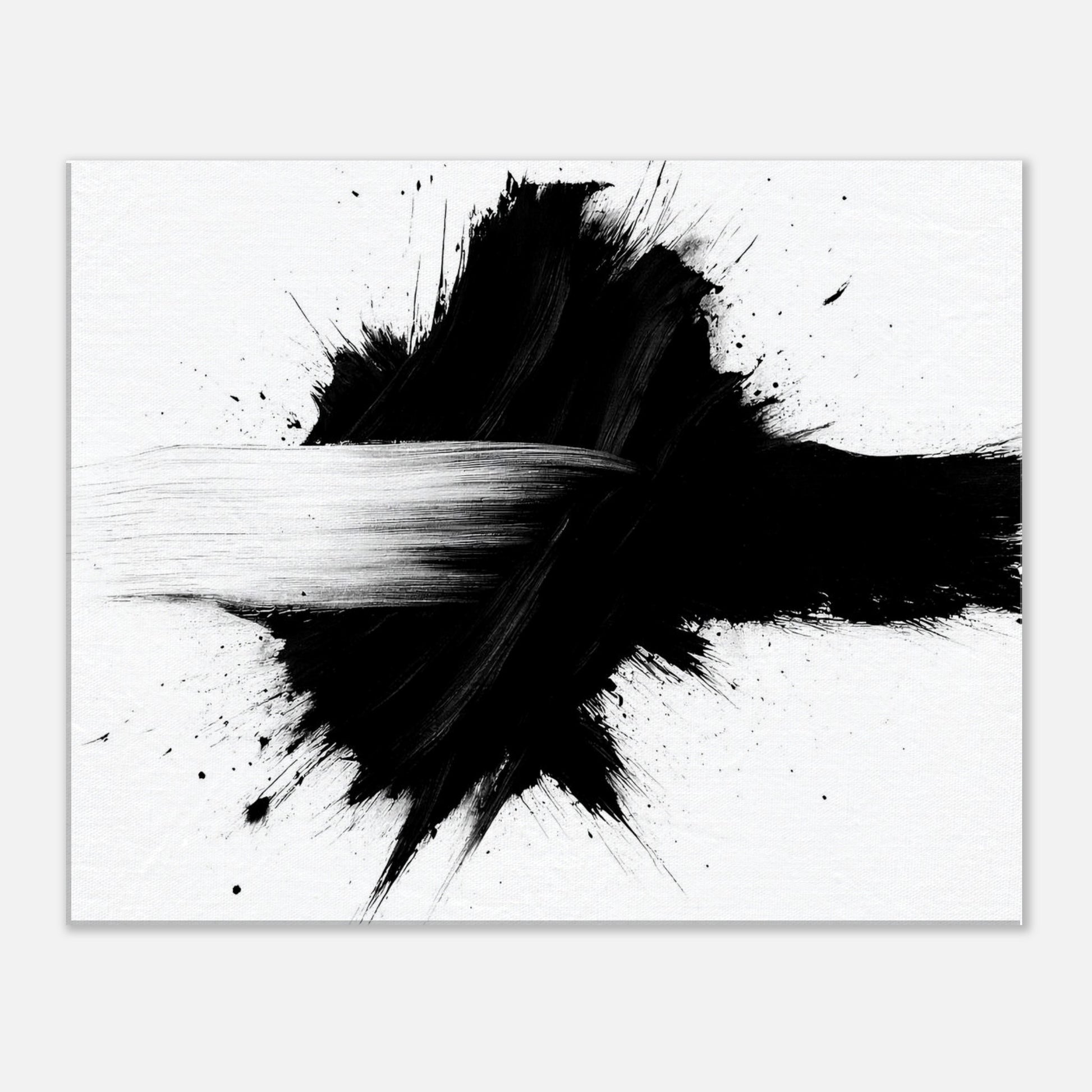 Minimalist abstract black and white framed poster with bold brush stroke, modern wall art for contemporary interior decor