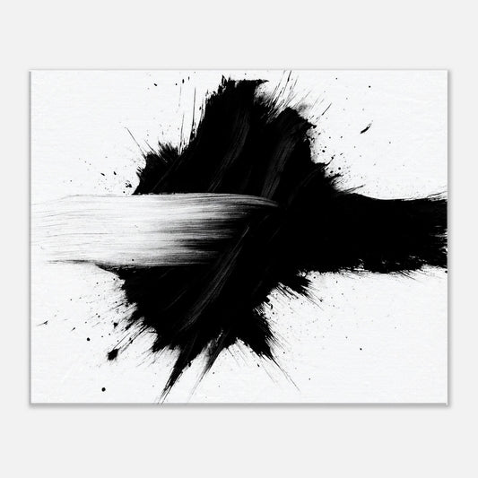 Minimalist abstract black and white framed poster with bold brush stroke, modern wall art for contemporary interior decor