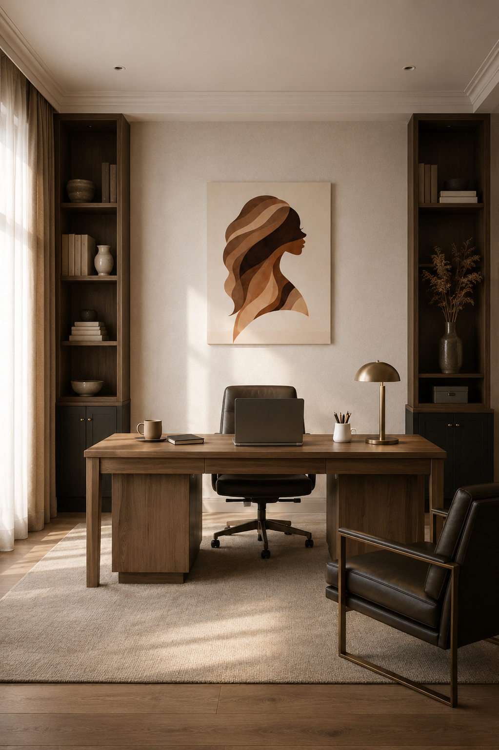 Realistic executive office with neutral portrait canvas artwork and dark wood interior