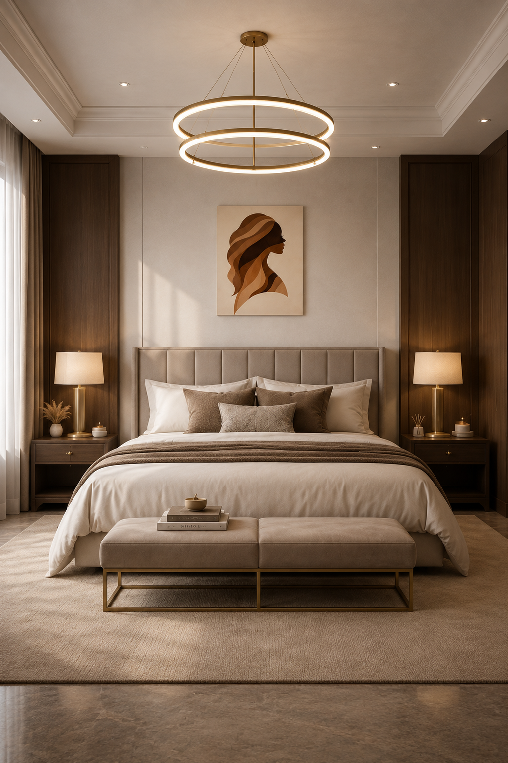 Elegant bedroom with abstract woman canvas wall art above upholstered bed