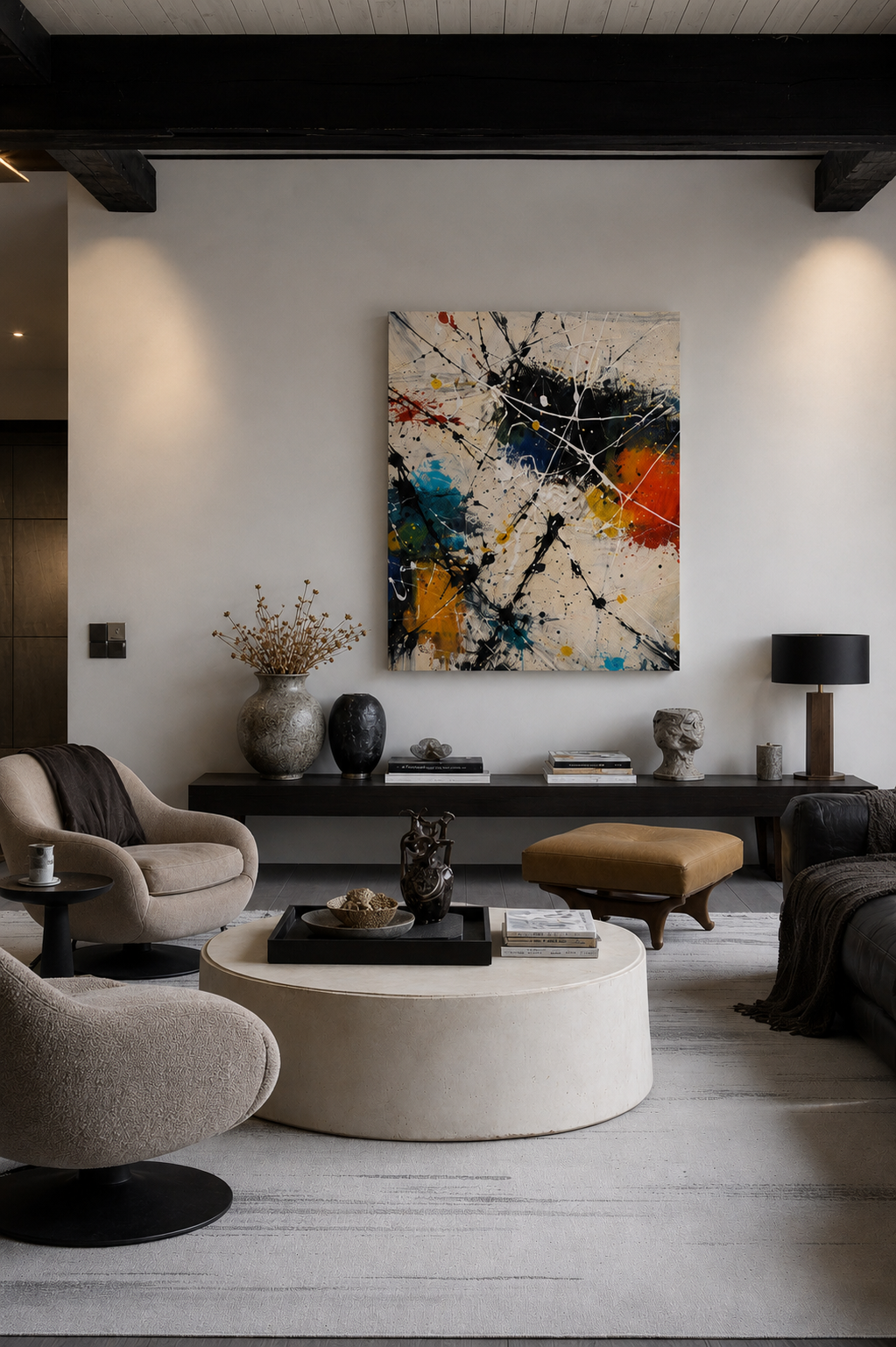 Modern abstract canvas wall art in minimalist living room with neutral furniture, dark wood beams and elegant decor