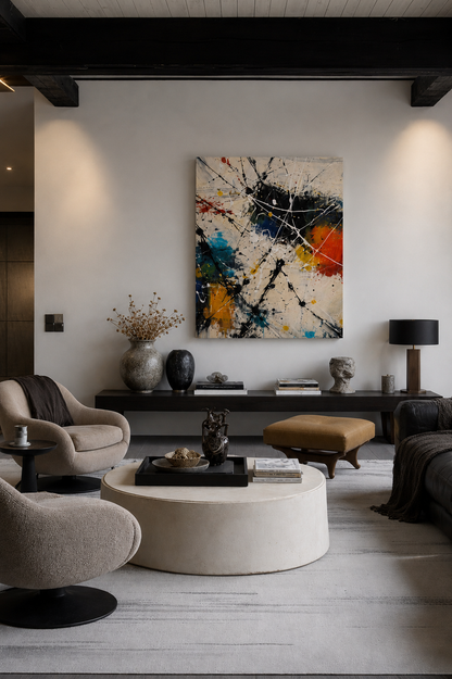Modern abstract canvas wall art in minimalist living room with neutral furniture, dark wood beams and elegant decor