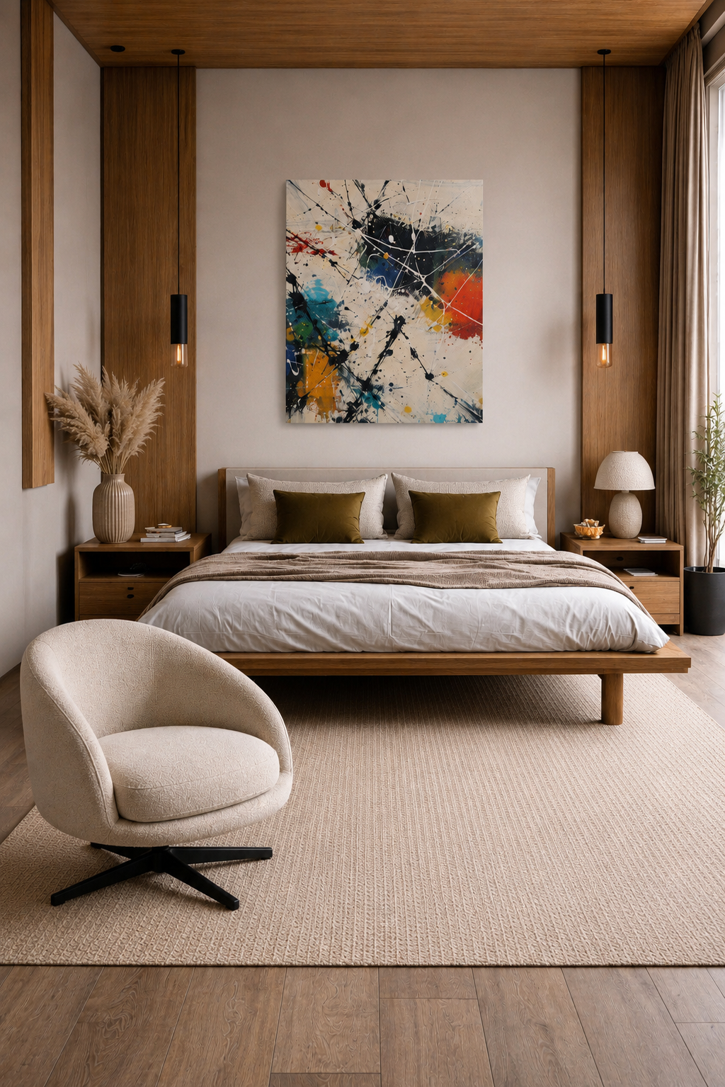 Abstract colorful canvas wall art above modern bed in warm neutral bedroom interior with wood accents and minimalist decor