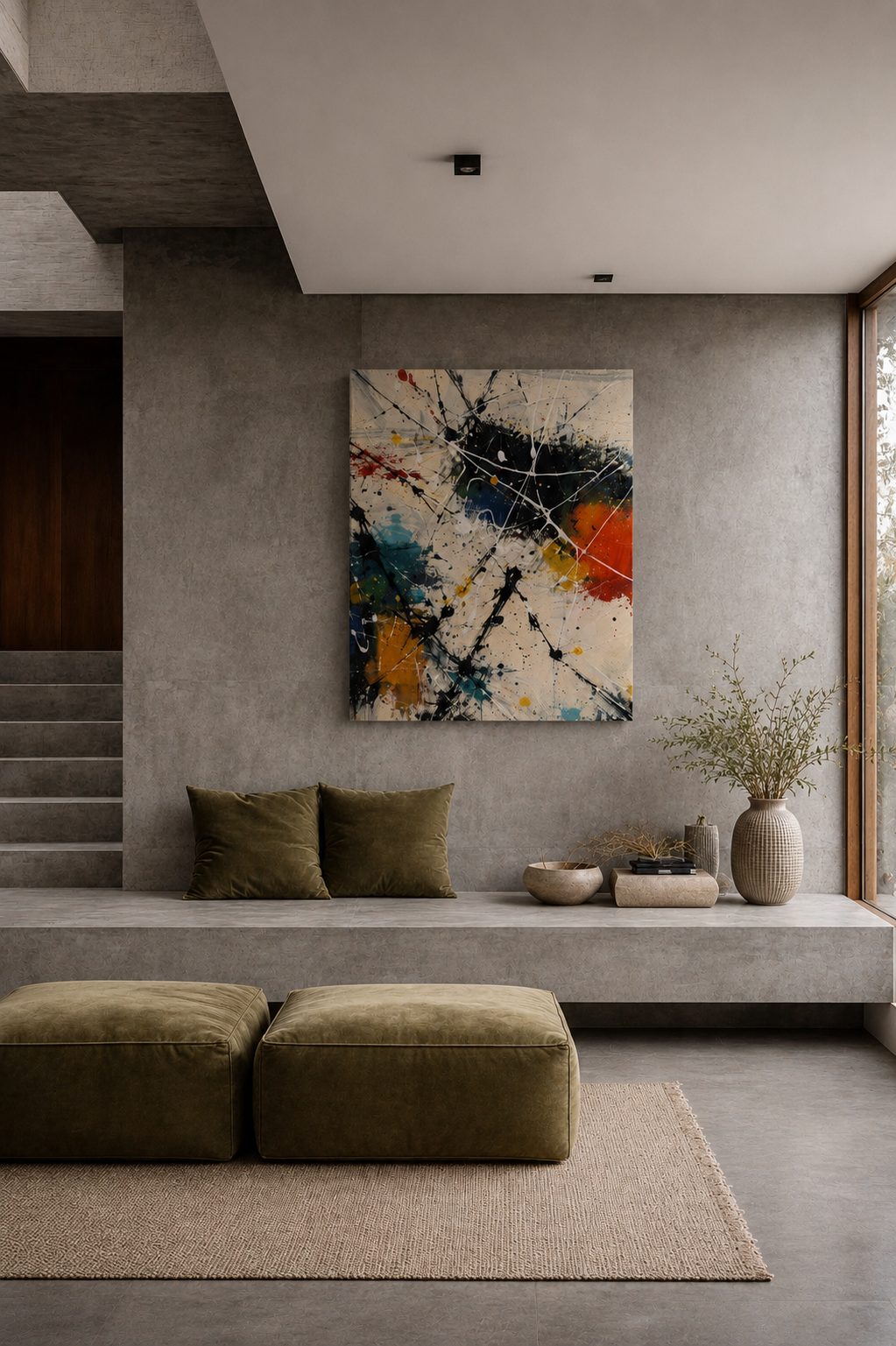 Abstract canvas print in serene concrete interior with olive poufs, minimalist styling and soft neutral palette