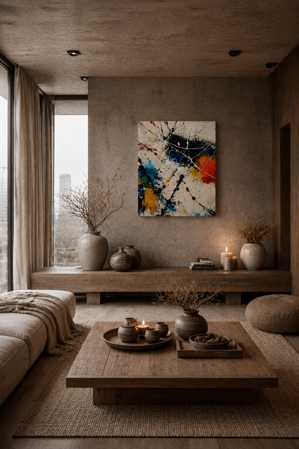 Large abstract canvas print in cozy concrete living room with earthy decor, candles, wooden coffee table and neutral tones