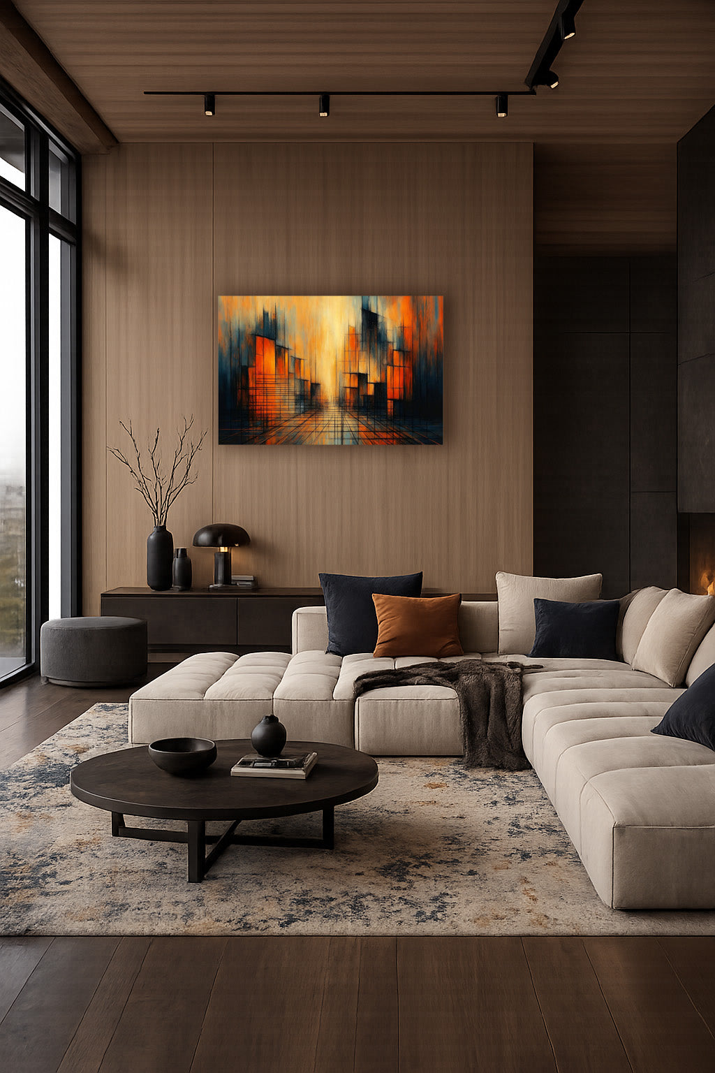 Abstract city poster displayed above a beige sectional sofa in a contemporary living room with neutral tones and black coffee table.