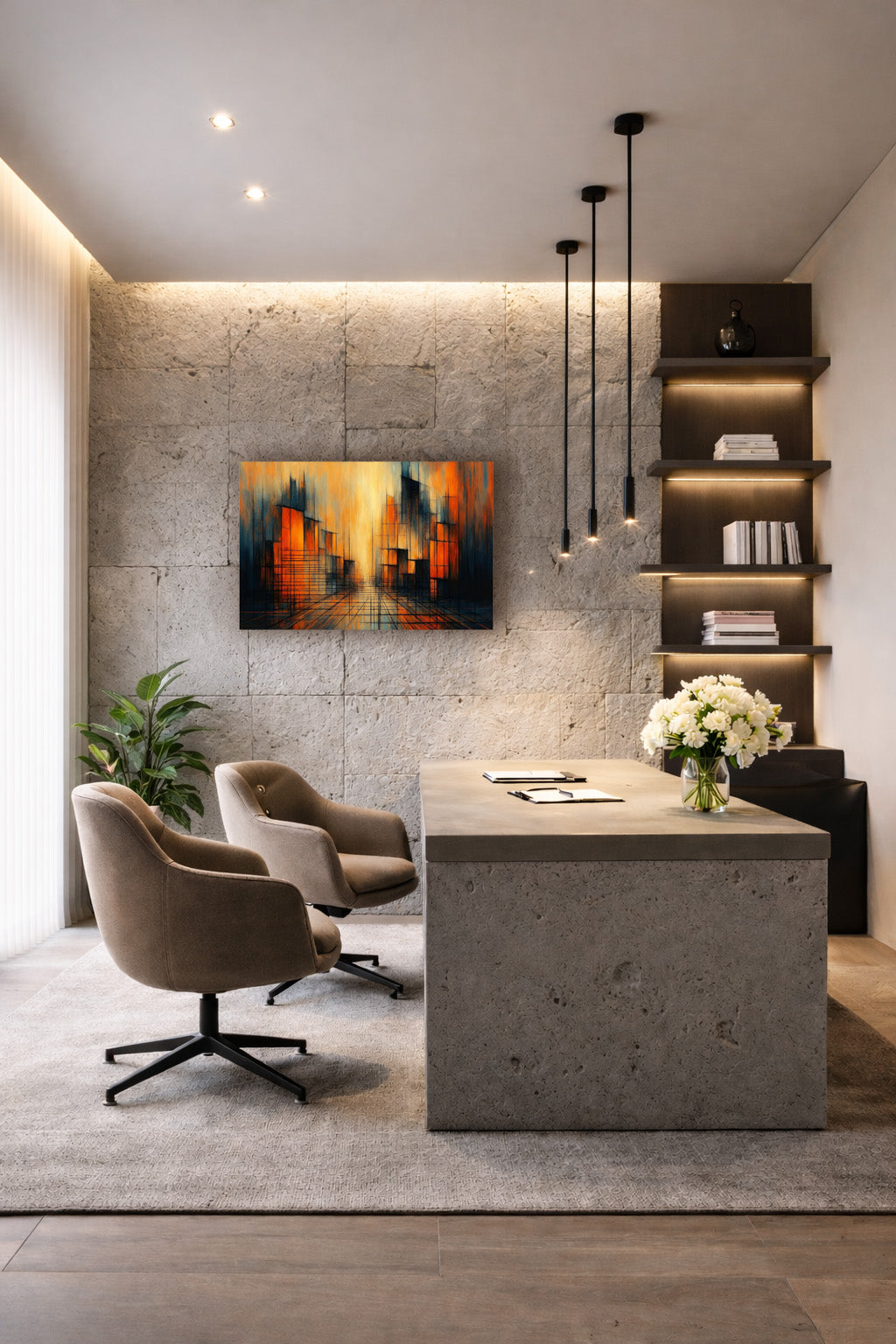 Modern abstract city poster displayed above a desk in a luxury home office with warm lighting and elegant shelving.