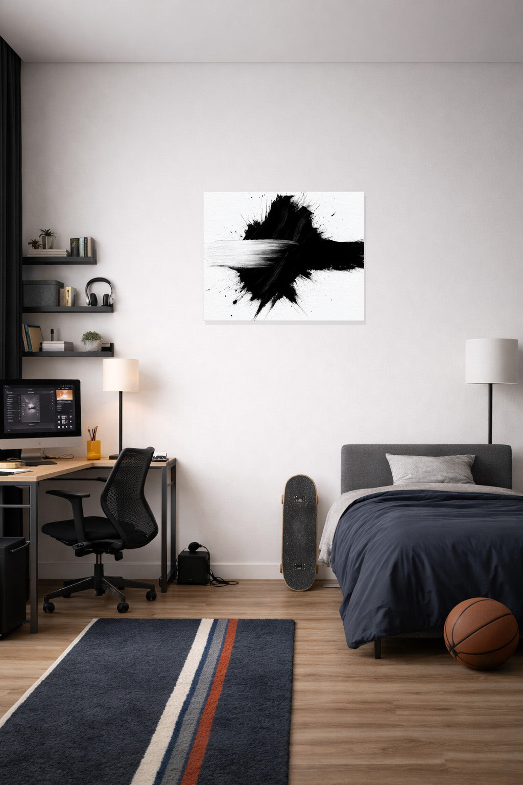 Abstract black and white framed poster above bed in modern minimalist bedroom interior