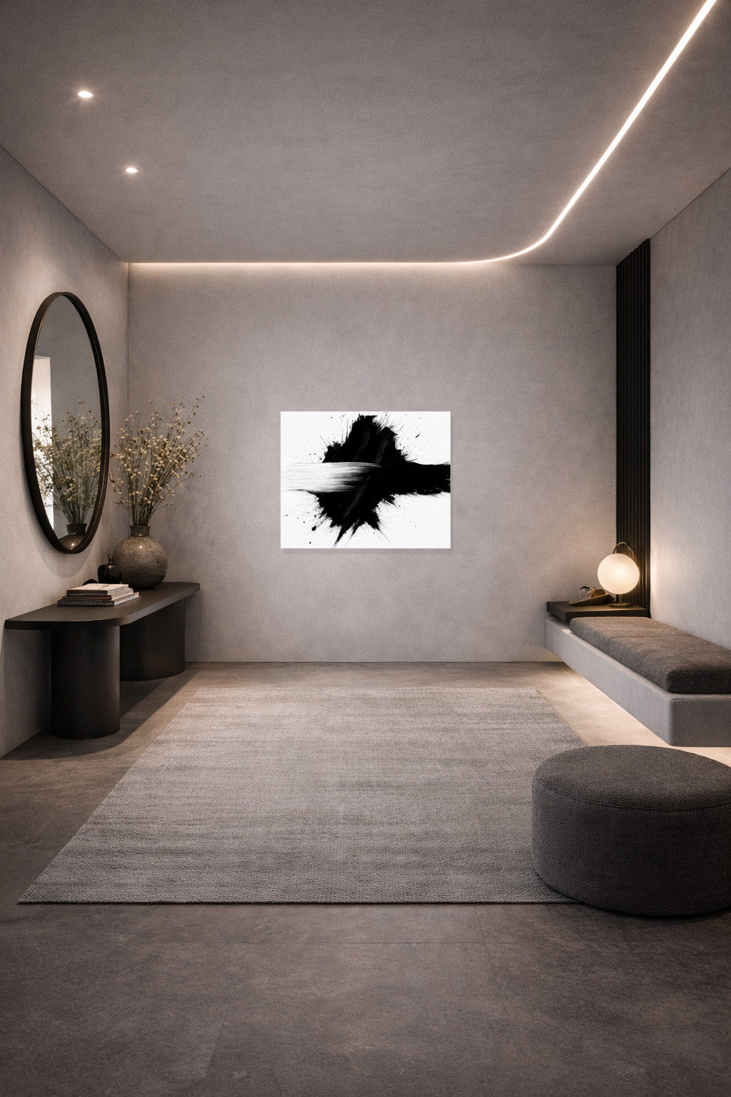 Abstract black and white framed wall art displayed in modern minimalist interior with neutral tones