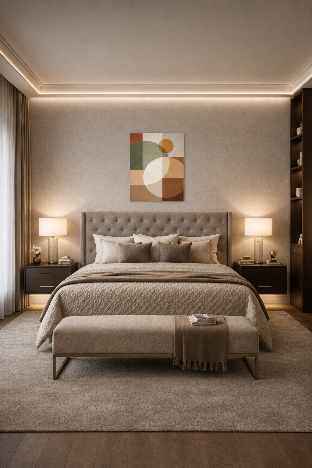 Luxury neutral bedroom with abstract geometric canvas wall art above upholstered bed and ambient lighting.