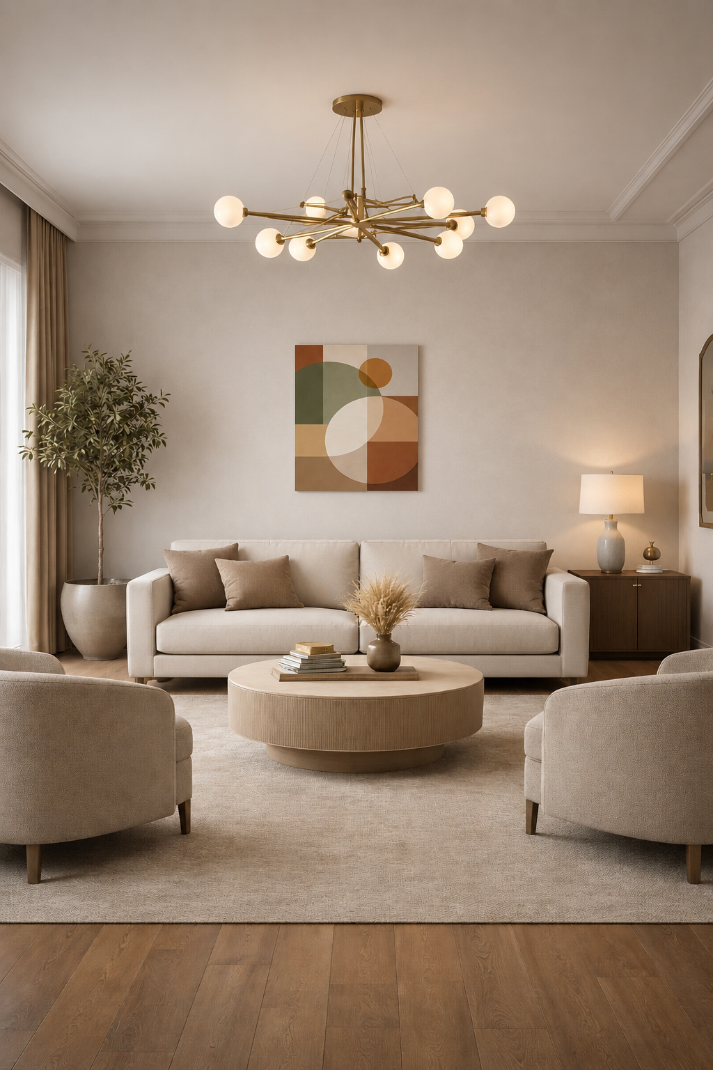 Contemporary living room with abstract geometric canvas wall art above sofa, neutral furniture and modern lighting.