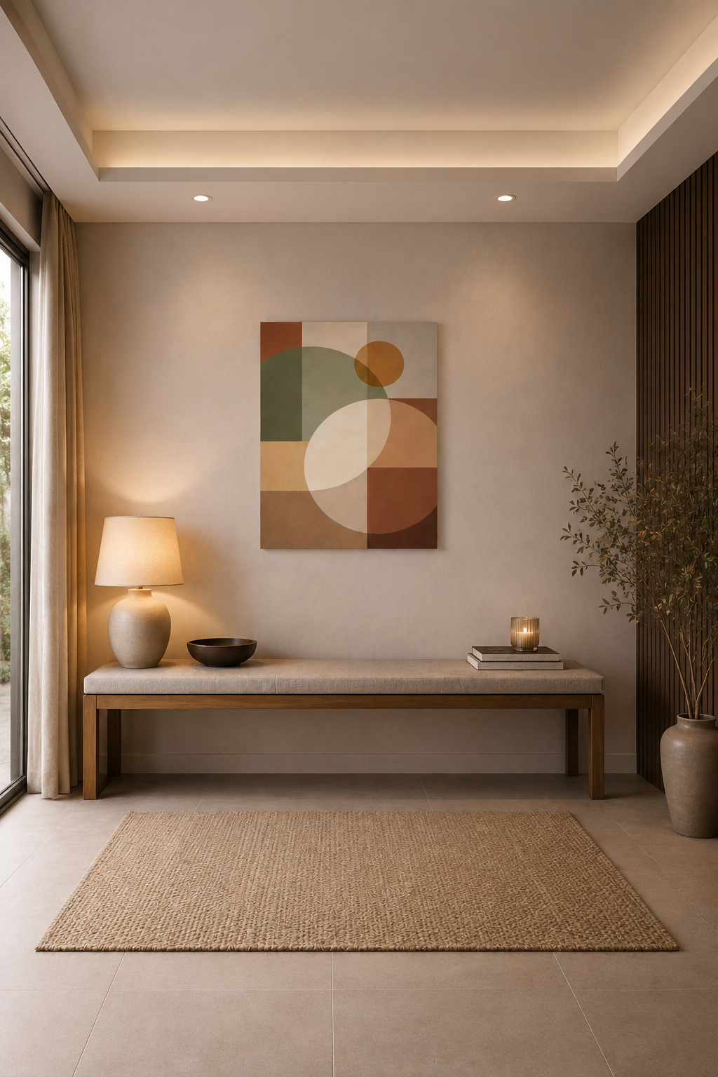 Minimalist hallway interior with abstract geometric canvas wall art, wooden bench and warm neutral styling.