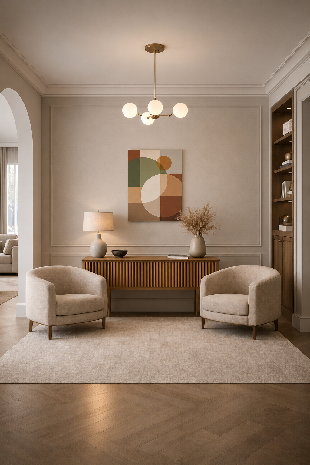 Modern entryway interior with abstract geometric canvas wall art above wooden console table, neutral decor and accent chairs.