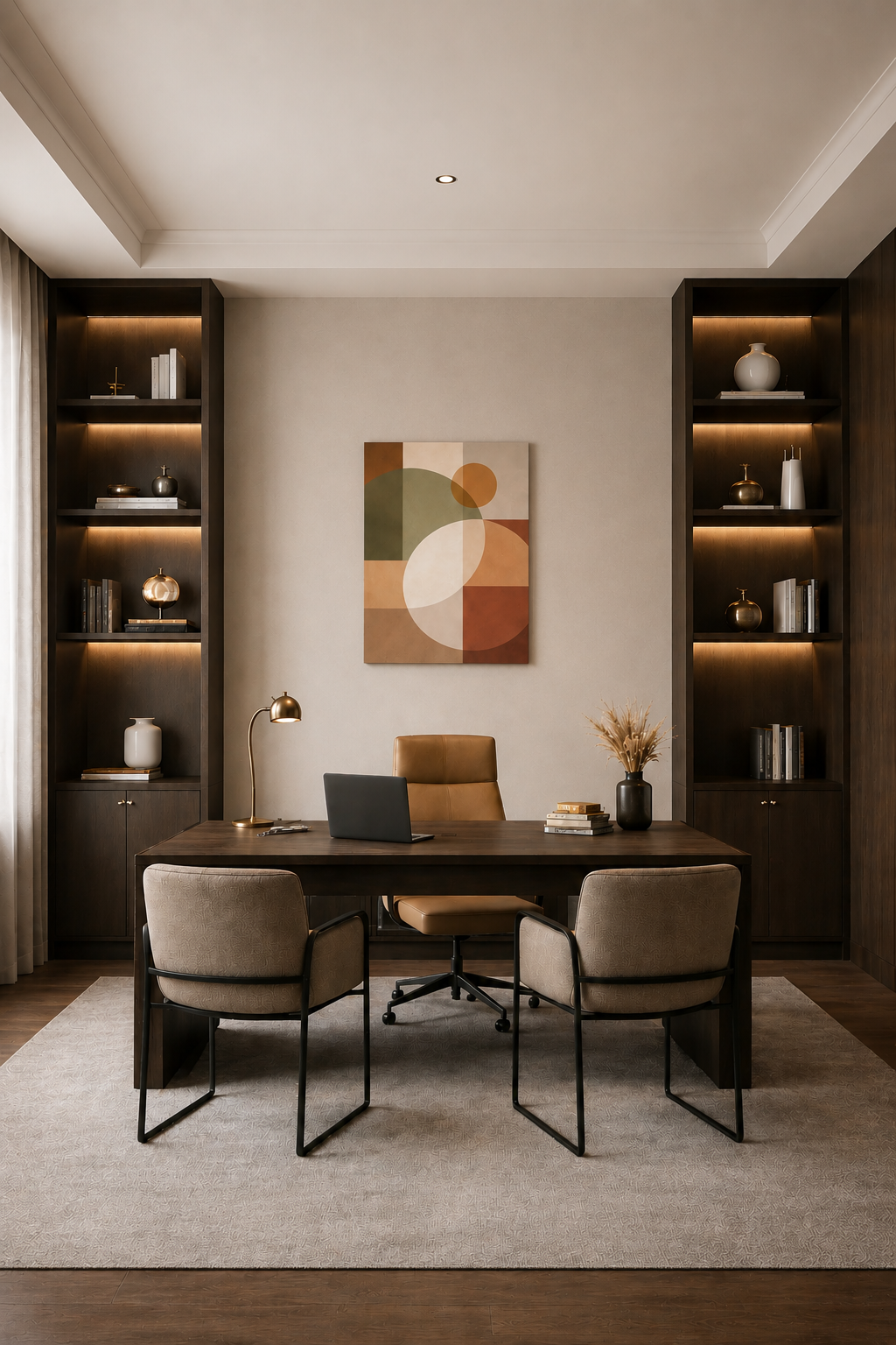 Modern home office with abstract geometric canvas wall art, dark wood shelving and warm ambient lighting.