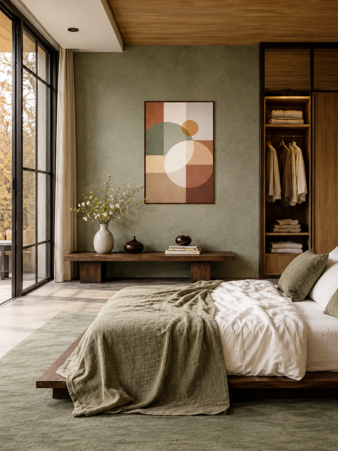 Olive green bedroom with wooden bench and abstract geometric framed wall art