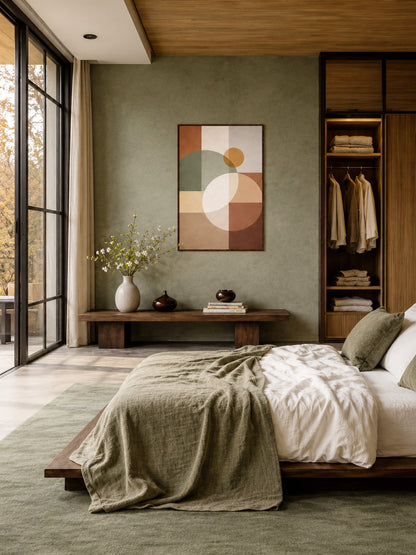 Olive green bedroom with wooden bench and abstract geometric framed wall art