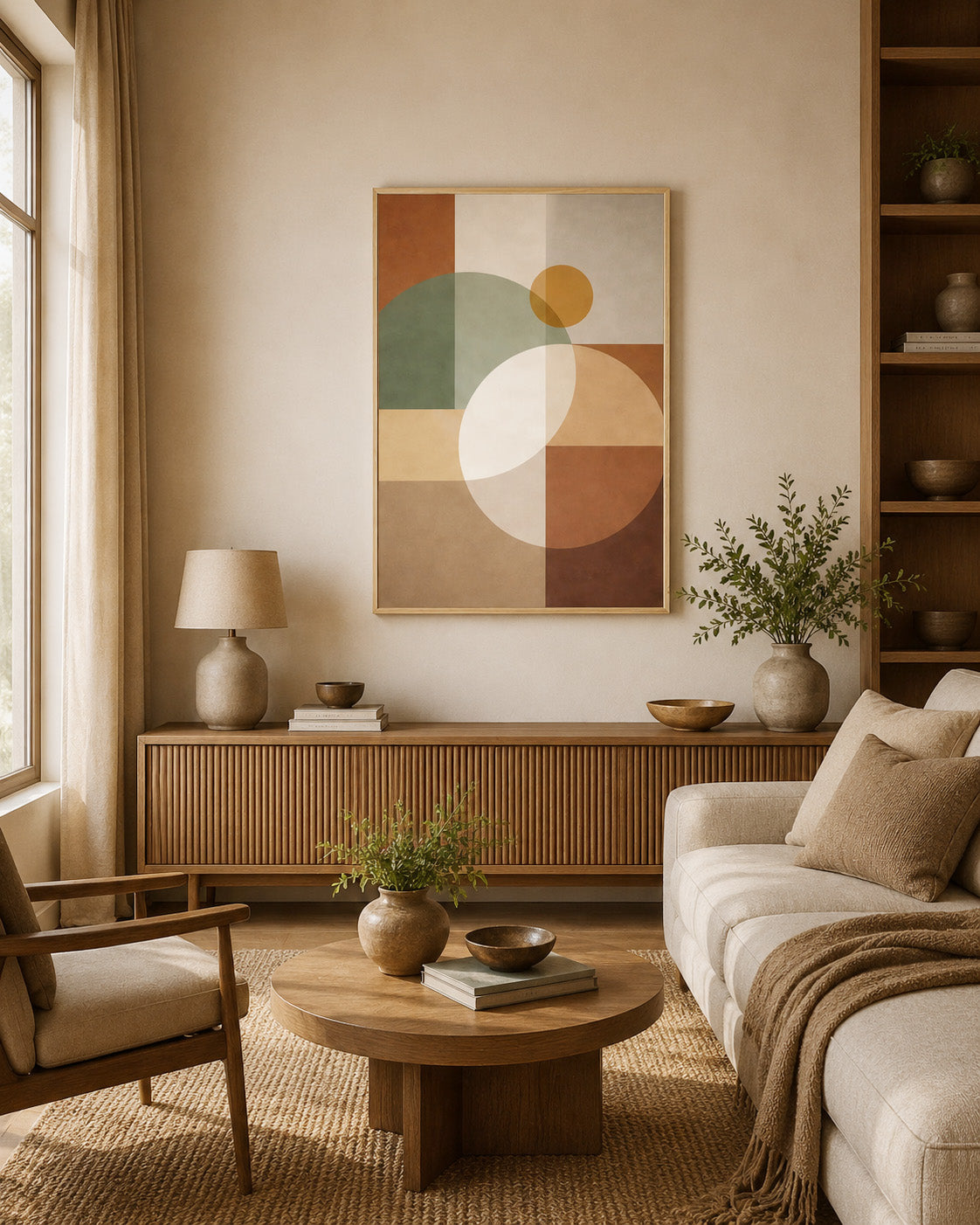 Warm neutral living room with beige sofa and abstract geometric framed wall art