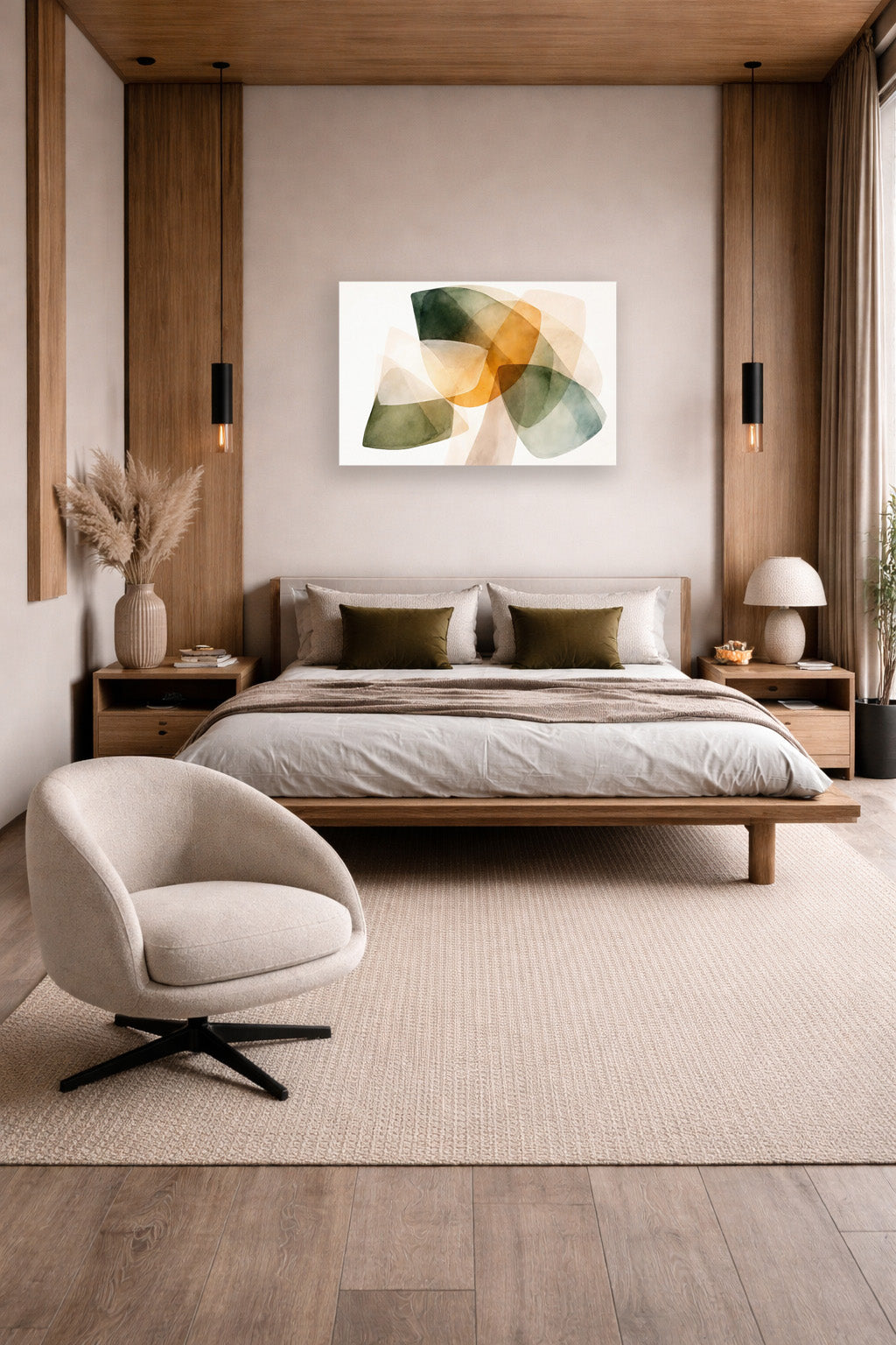 Modern bedroom interior with abstract green and beige poster wall art above wooden bed and neutral decor
