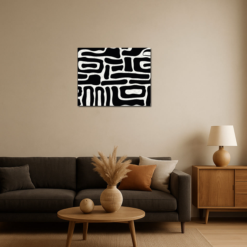 Black and white abstract canva displayed in a minimalist hallway interior