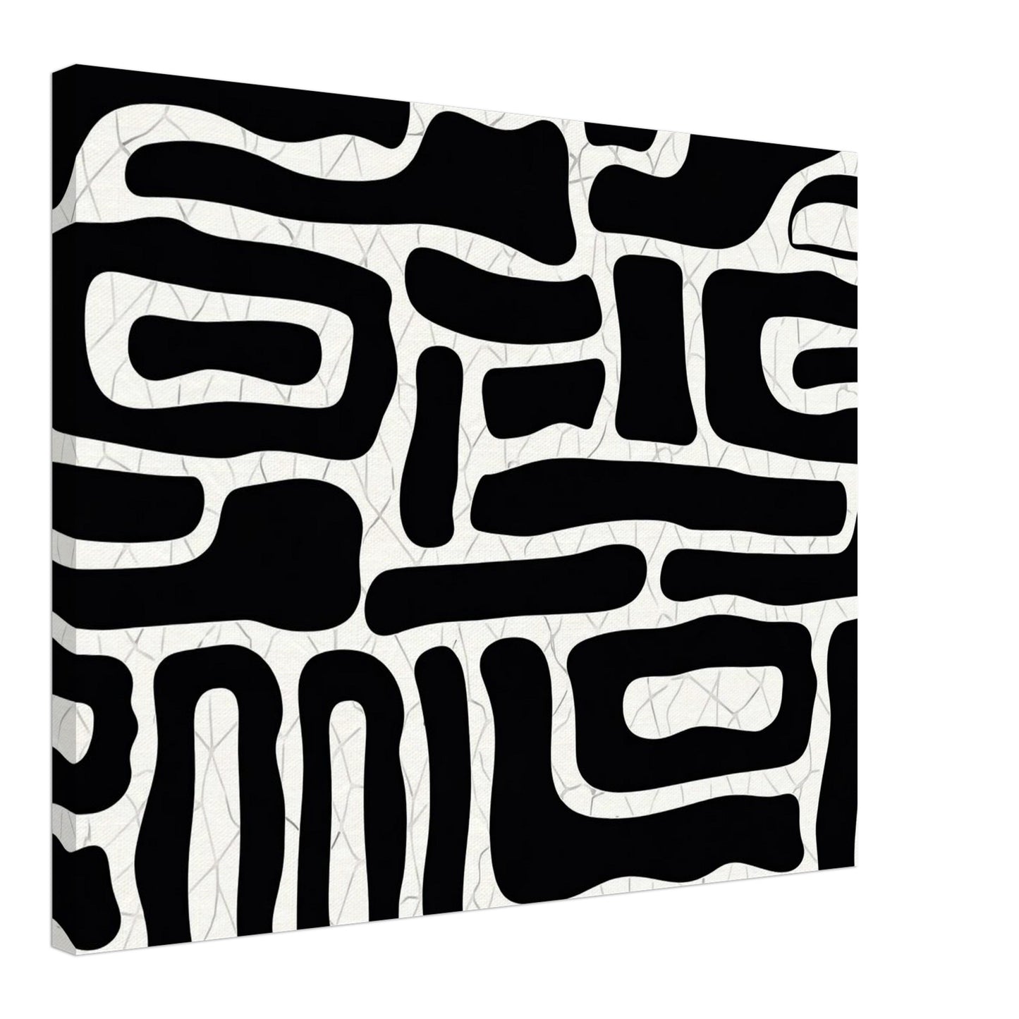 Minimalist black and white abstract poster displayed in a modern bedroom interior