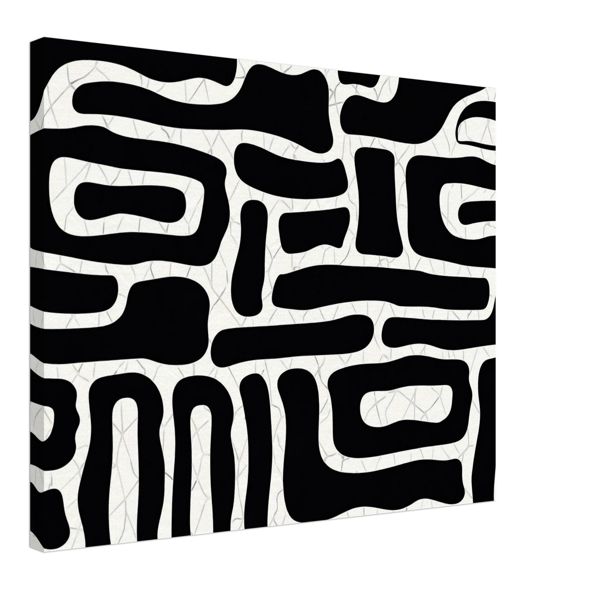 Minimalist black and white abstract poster displayed in a modern bedroom interior