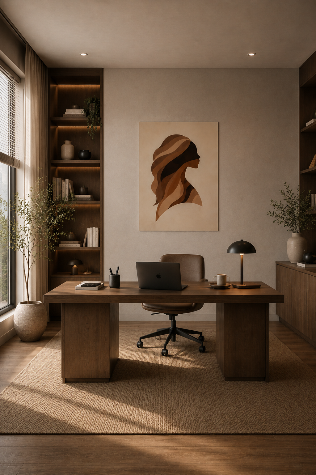Abstract woman silhouette poster in elegant home office with dark wood desk, built-in shelving, warm neutral decor and soft natural light