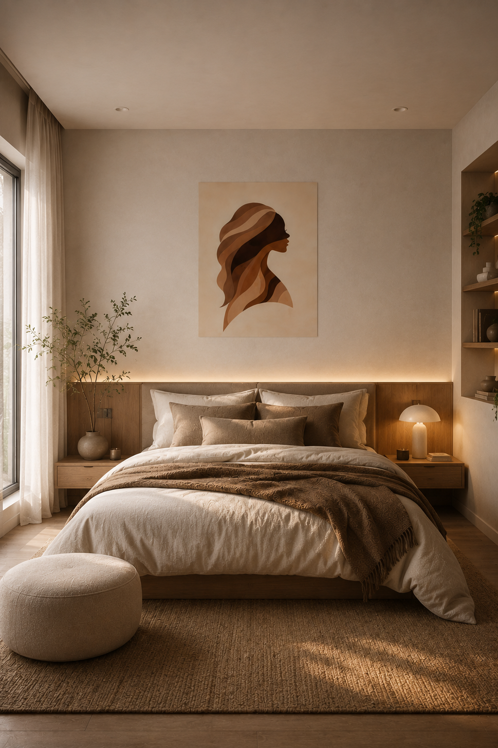Abstract feminine silhouette poster in modern luxury bedroom with upholstered bed, warm wood details, layered neutral bedding and ambient lighting