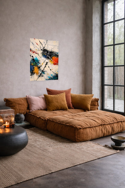 Abstract art poster in a living room with a brown leather daybed and large windows