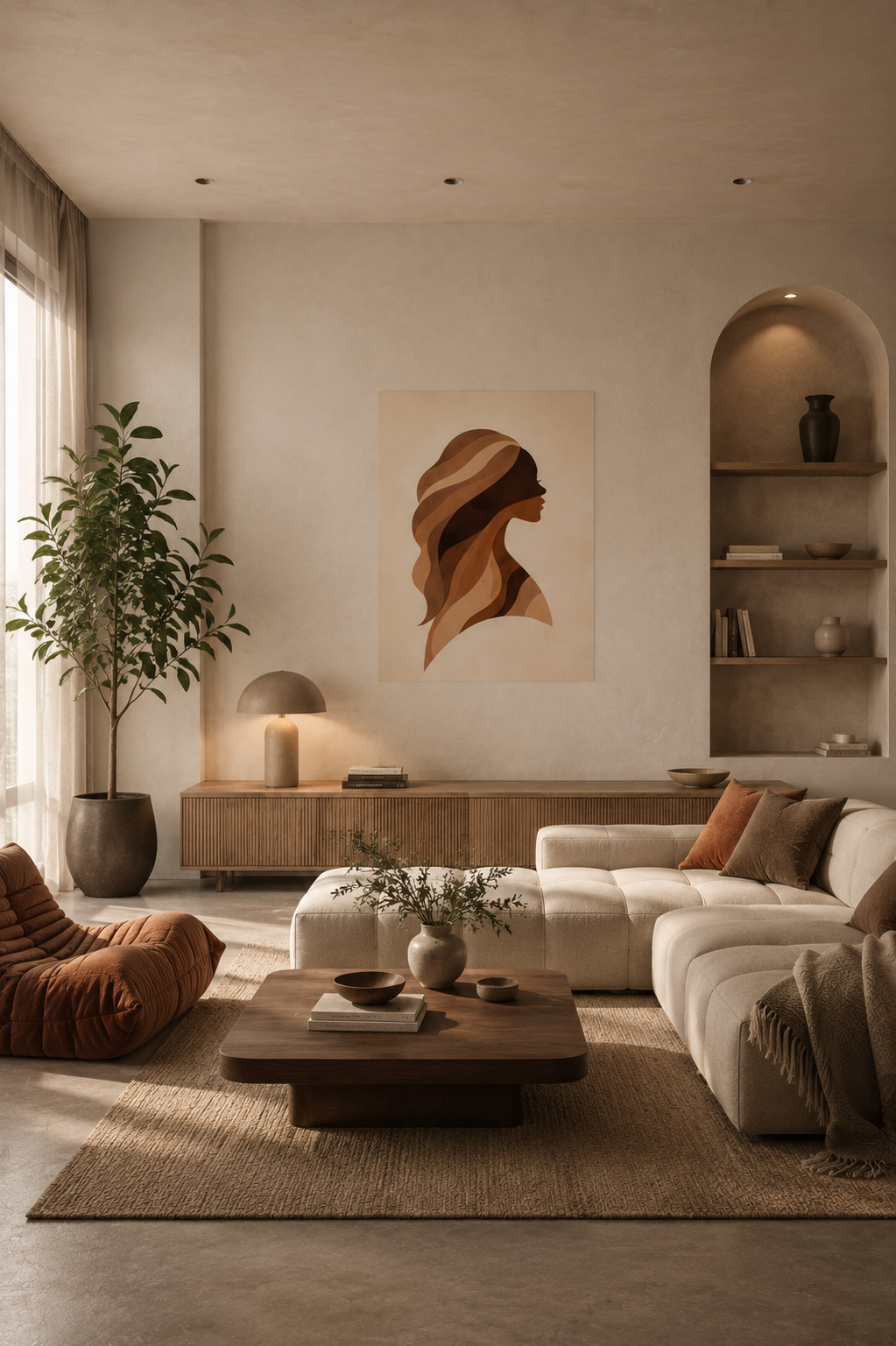 Abstract portrait poster in luxury modern living room with cream sectional sofa, warm brown accents, wooden coffee table, textured decor and soft natural lighting