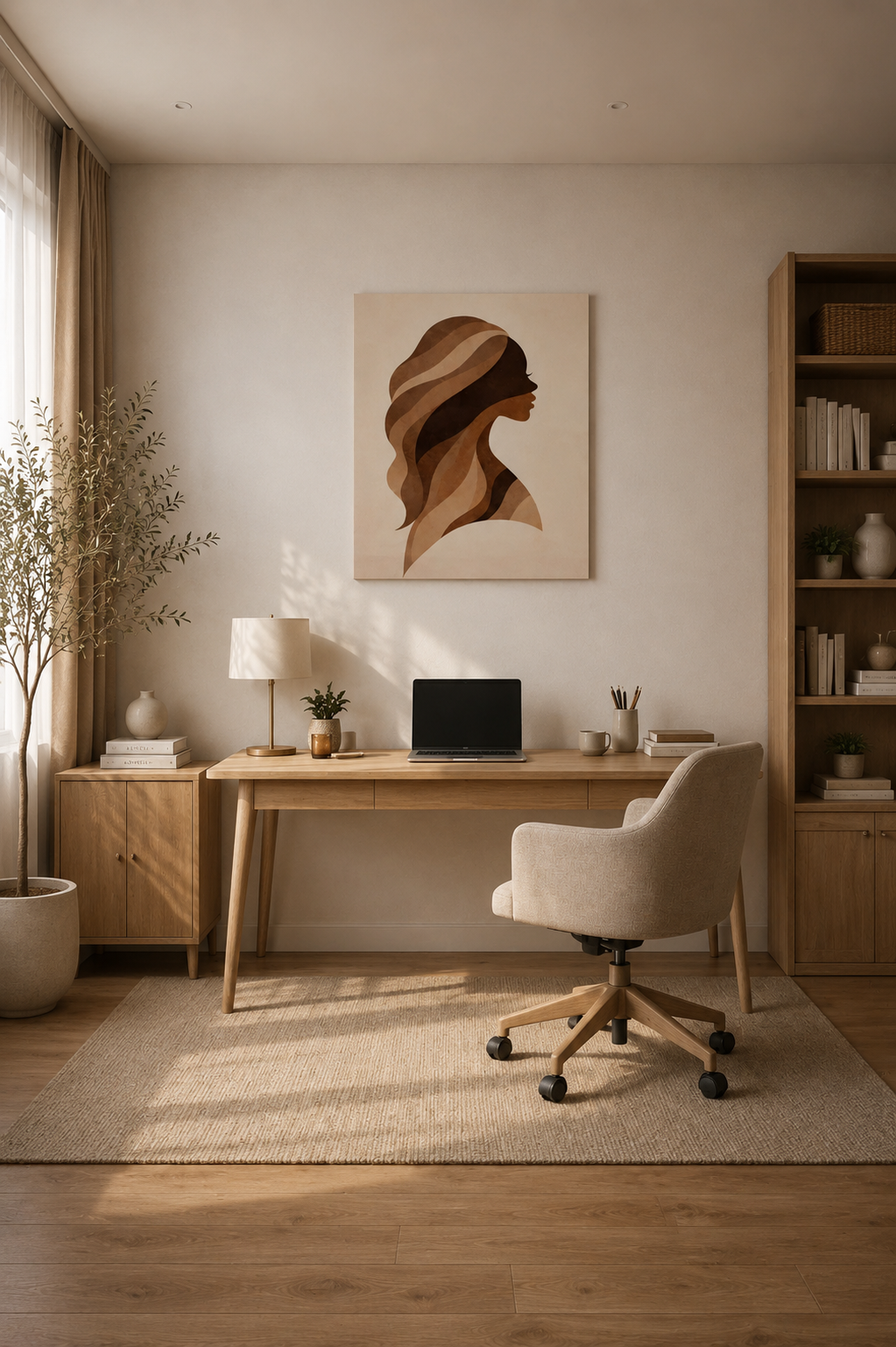 Minimalist home office with neutral canvas portrait artwork above wooden desk