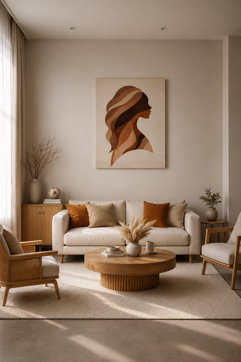 Modern neutral living room with abstract woman canvas wall art in beige interior styling