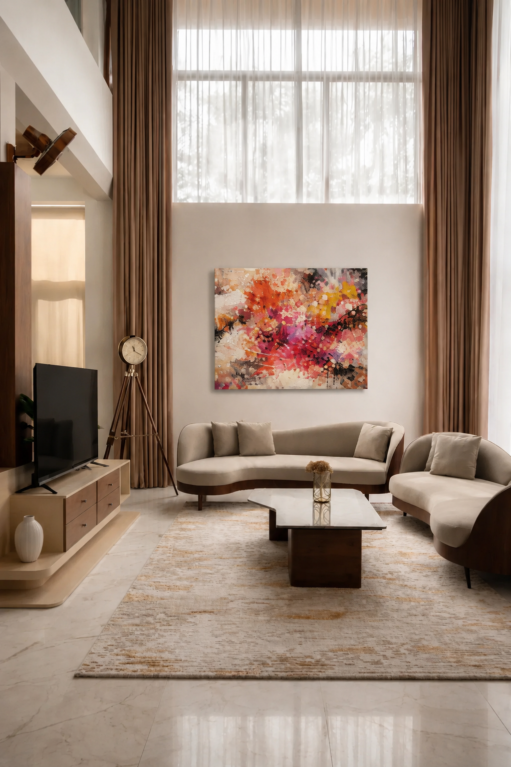 Modern abstract canvas wall art in elegant neutral living room with floor-to-ceiling curtains