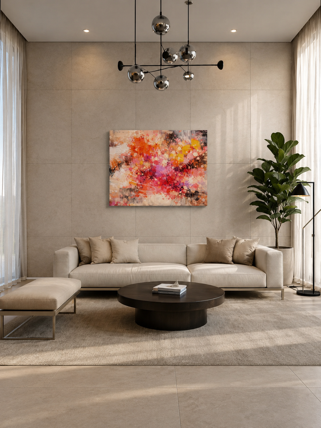 Modern abstract canvas wall art in luxury minimalist living room with beige sofa and black coffee table