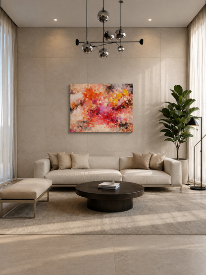 Modern abstract canvas wall art in luxury minimalist living room with beige sofa and black coffee table