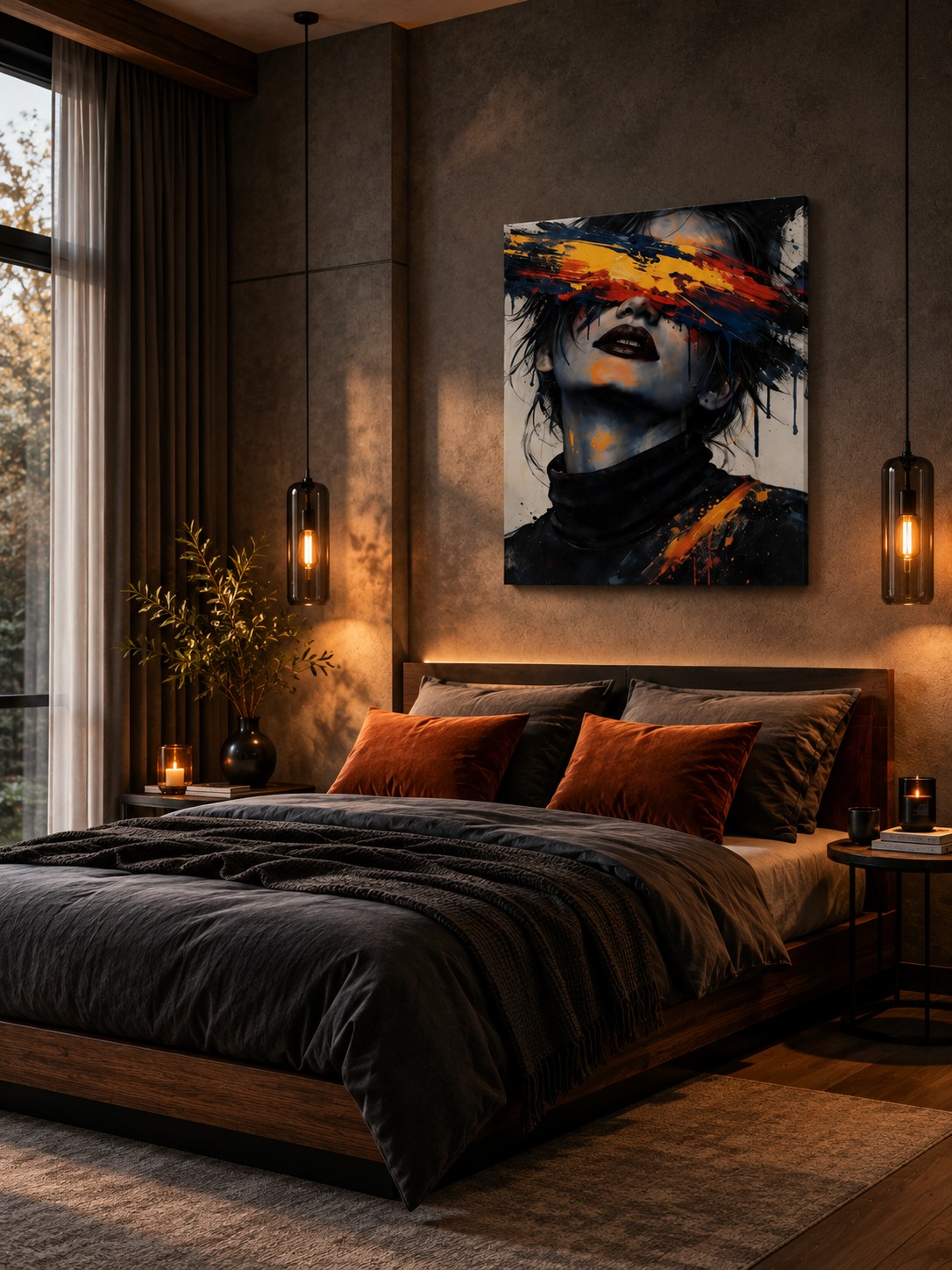 Elegant modern bedroom with charcoal bedding, warm pendant lights, and expressive abstract portrait canvas above the bed.