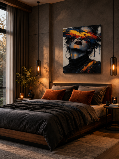 Elegant modern bedroom with charcoal bedding, warm pendant lights, and expressive abstract portrait canvas above the bed.