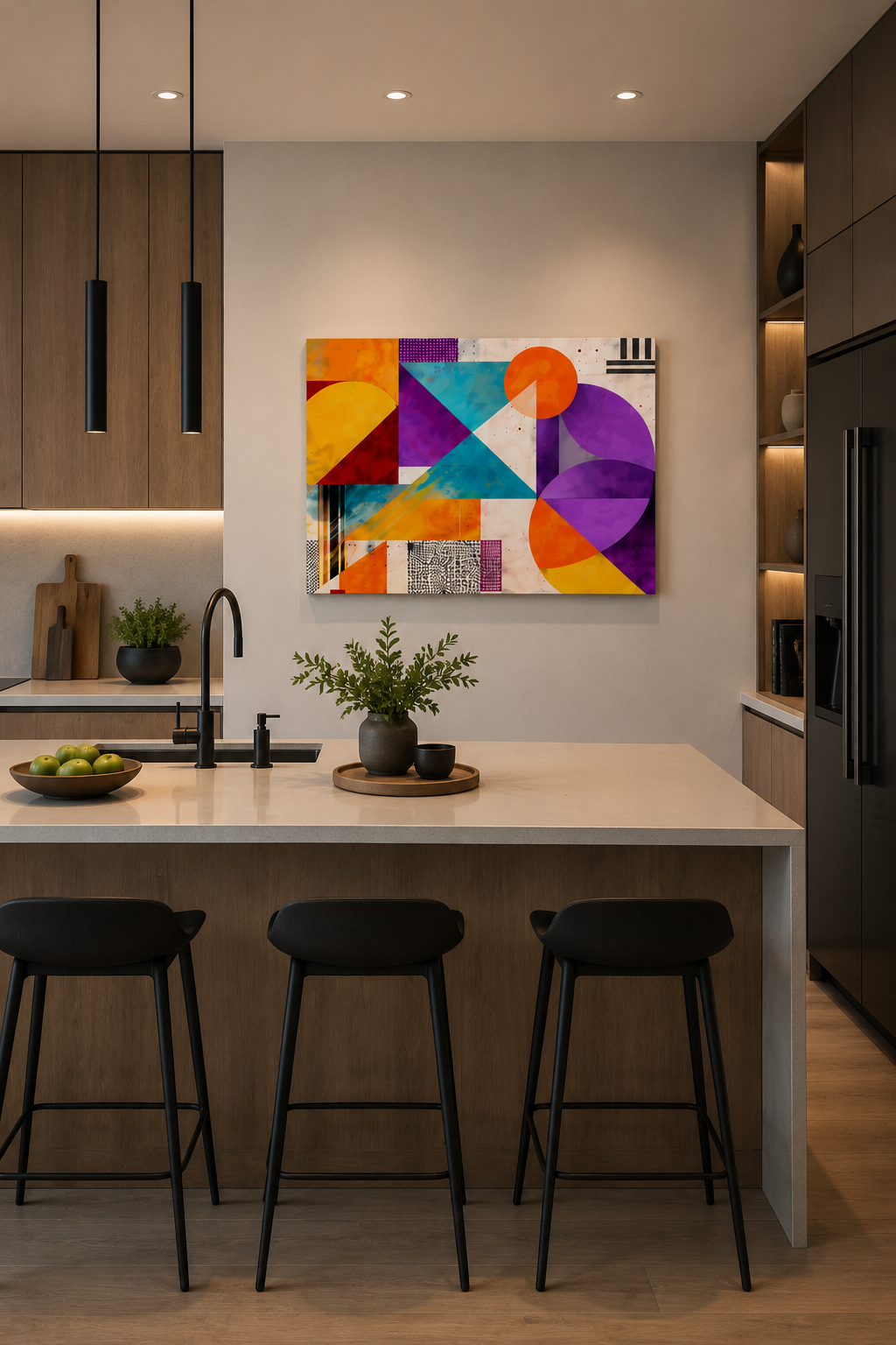 Modern kitchen interior with wood cabinetry, island seating and colorful geometric abstract canvas wall art above counter